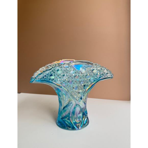 Large Vintage LE Smith Aqua Blue Iridescent Fan Vase | Button Carnival Glass - Picture 1 of 10